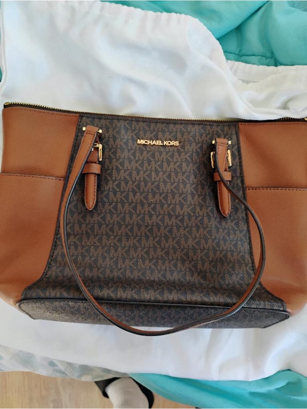 Michael Kors Brown Logo and Cognac Leather Tote
